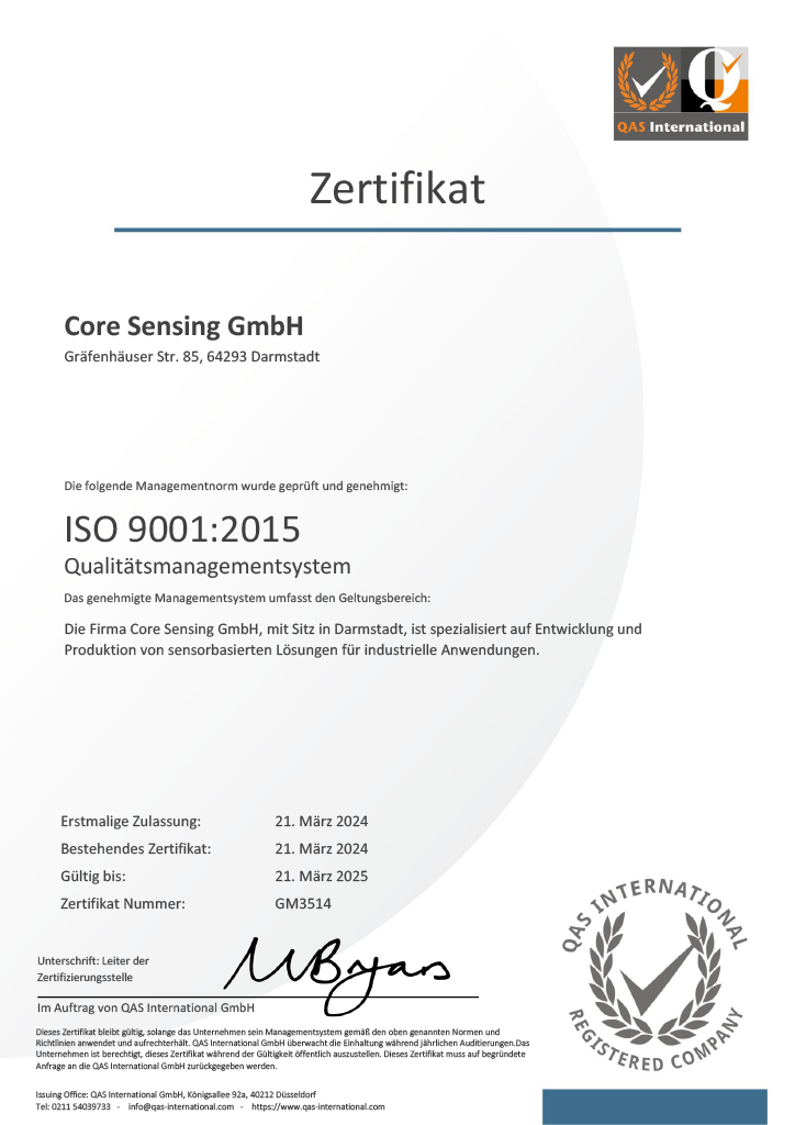 ISO 9001 certificate core sensing